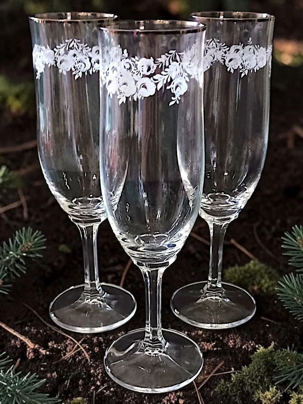 3 Johann Haviland Sweetheart Rose Champagne Flutes Crystal Vtg Floral Stemware
